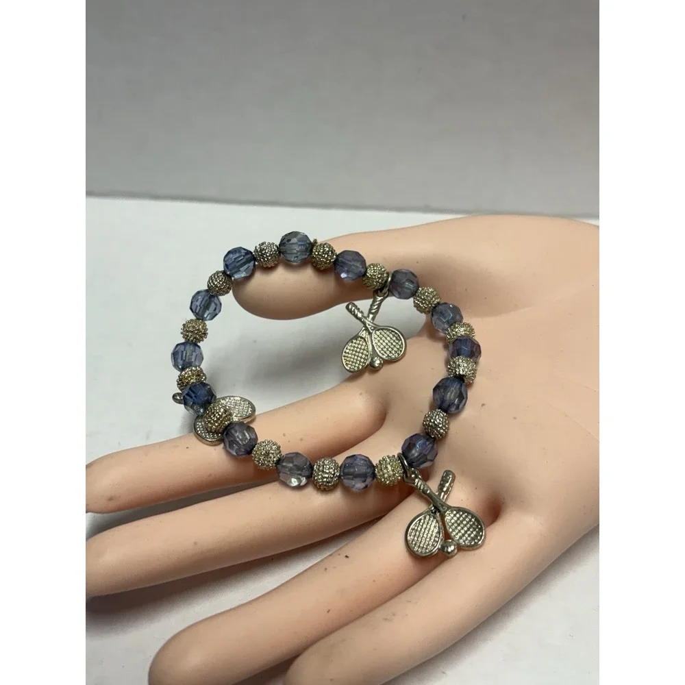 Bracelet Silver Tone Tennis raquets‎ charms blue stretchy